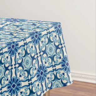 Portuguese Azulejos Blue Floral Tile Pattern  Tablecloth