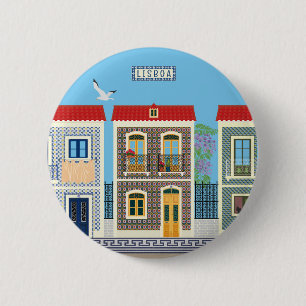 Portuguese beautiful houses with tiles or azulejos 6 cm round badge