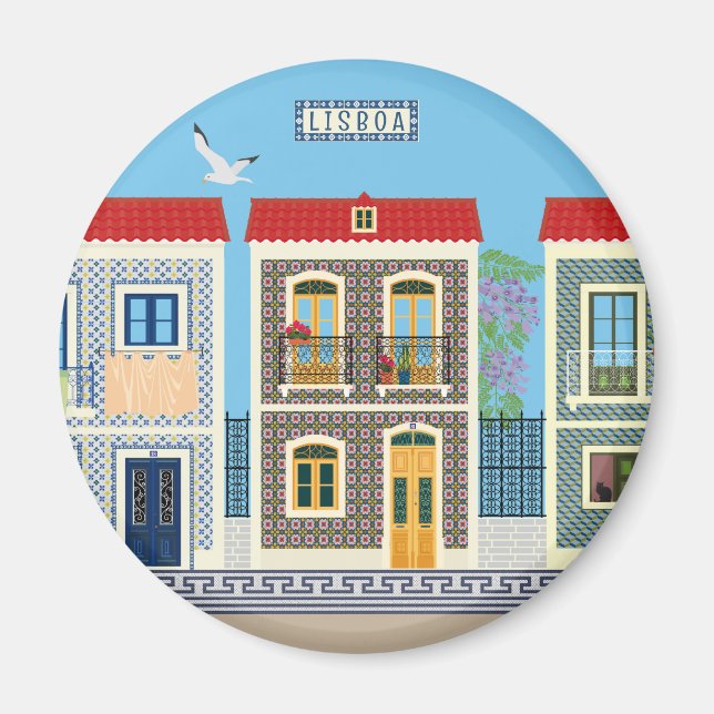 Portuguese beautiful houses with tiles or azulejos magnet (Front)