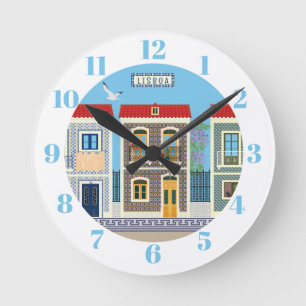 Portuguese beautiful houses with tiles or azulejos round clock