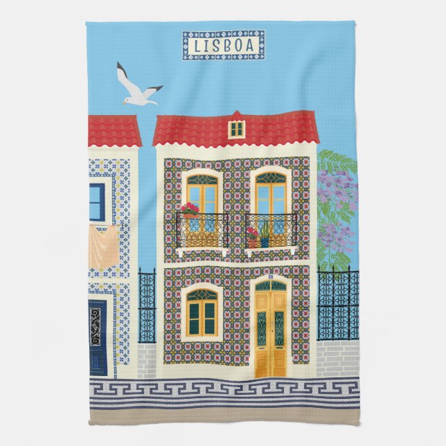Portuguese beautiful houses with tiles or azulejos tea towel (Vertical)