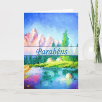 Portuguese Birthday Pink Mountain Vertical Card