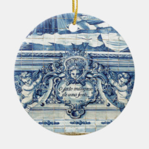 Portuguese blue and white wall tiles with angels ceramic ornament