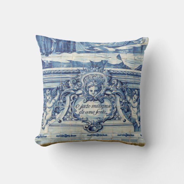 Portuguese blue and white wall tiles with angels cushion (Front)