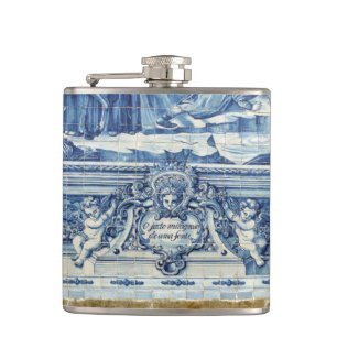 Portuguese blue and white wall tiles with angels hip flask