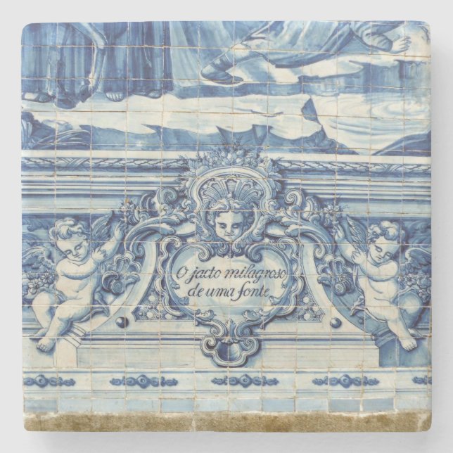 Portuguese blue and white wall tiles with angels stone coaster (Front)