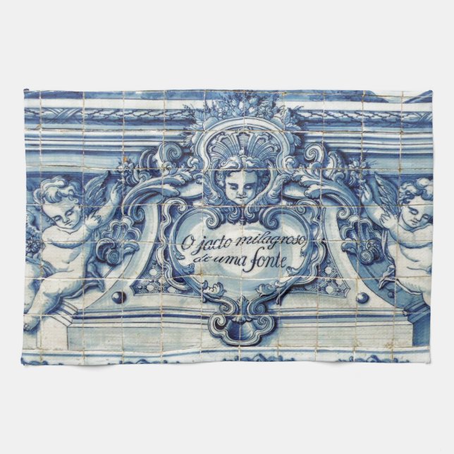 Portuguese blue and white wall tiles with angels tea towel (Horizontal)