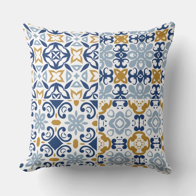 Portuguese blue, navy and brown tile pattern cushion (Front)