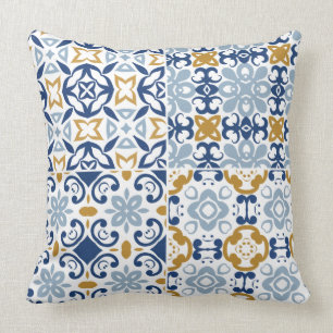 Portuguese blue, navy and brown tile pattern cushion
