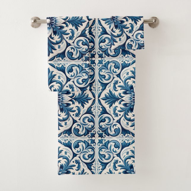Portuguese blue tile bath towel set (Insitu)