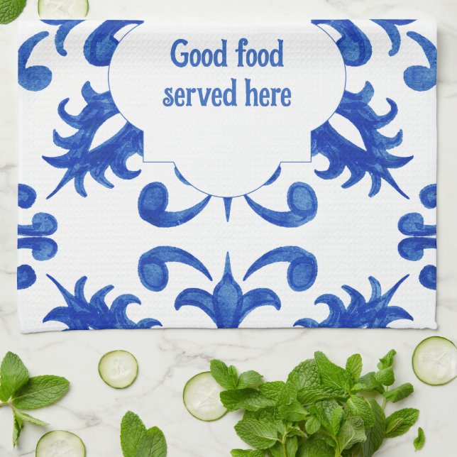 Portuguese Blue Tile central round medallion Tea Towel (Folded)