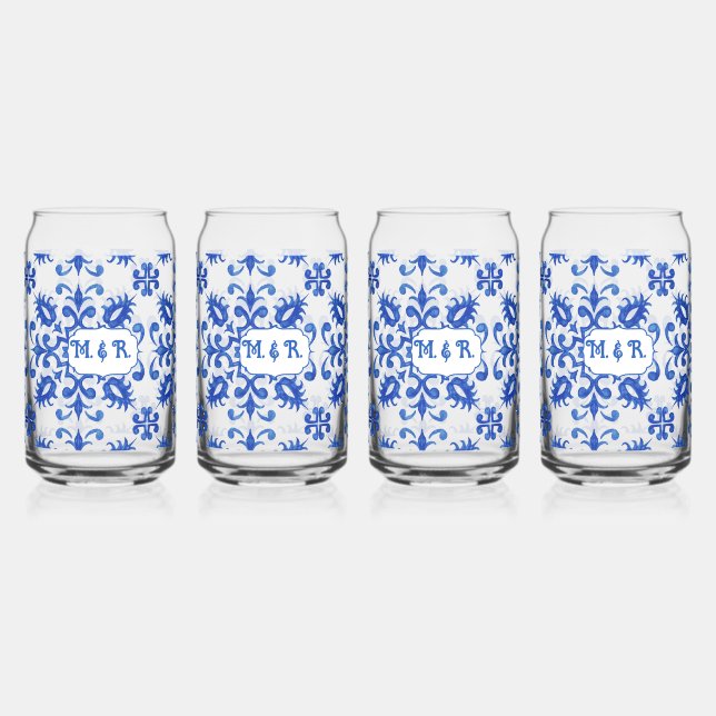 Portuguese Blue Tile Monogram  Can Glass (Front)