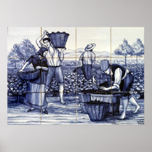 Portuguese Blue Tile Poster Grape Harvest :Azulejo
