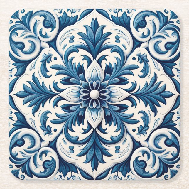 Portuguese blue tile square paper coaster (Front)