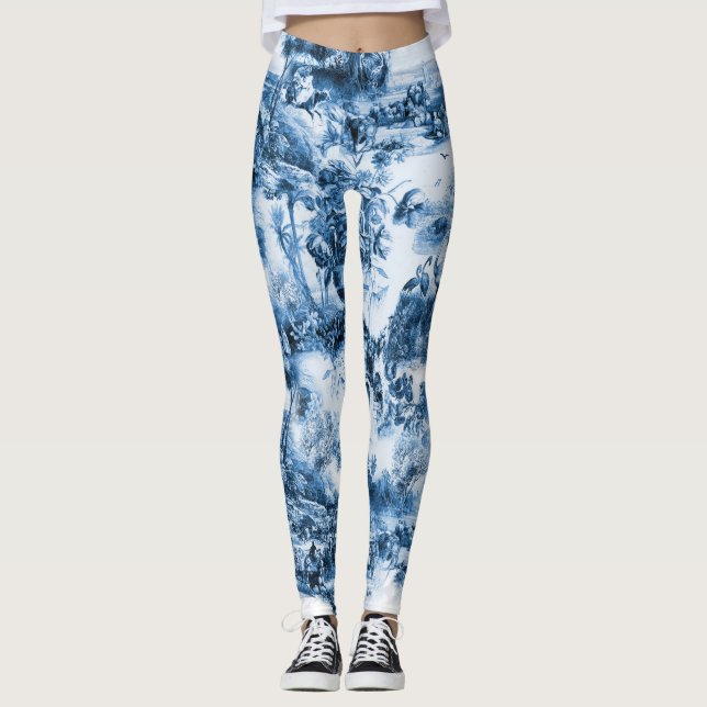 Portuguese blue tiles romantic scene pattern leggings (Front)