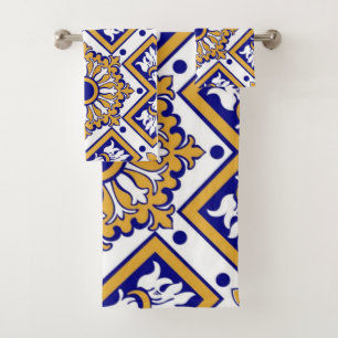 Portuguese Blue Yellow Mediterranean Floral Bath Towel Set