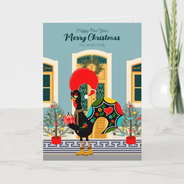 Portuguese Christmas house with Rooster Greetings Card (Front)