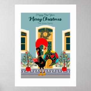 Portuguese Christmas house with Rooster Greetings Poster