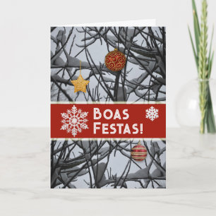 Portuguese Christmas Ornaments on Snowy Branches Holiday Card