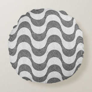 Portuguese cobblestone black and white waves round cushion