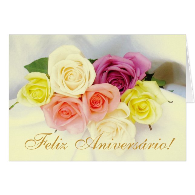Portuguese: Feliz Aniversario! roses beije colours (Front Horizontal)