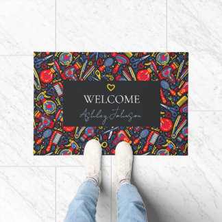Portuguese folk hair icons — black, red & blue doormat