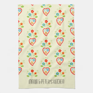 Portuguese folk heart pattern tea towel