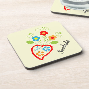 Portuguese folk heart with saudade word coaster