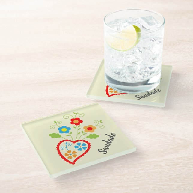 Portuguese folk heart with saudade word glass coaster (Angled)