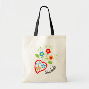 Portuguese folk heart with saudade word tote bag