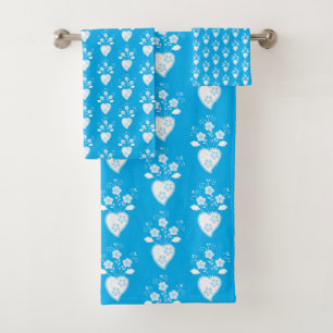 Portuguese folk romantic heart in blossom pattern bath towel set