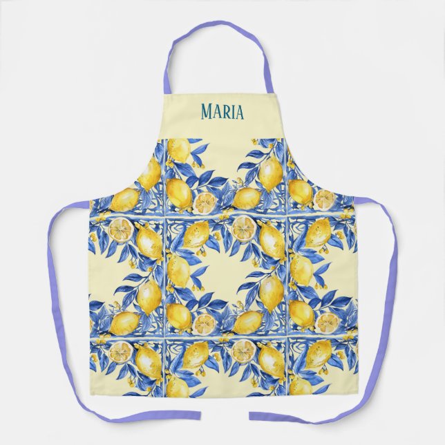 Portuguese inspired Lemons on Blue  Apron (Front)