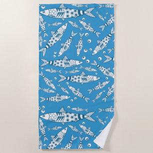Portuguese Lisbon Sardines Pattern Azulejos Blue Beach Towel