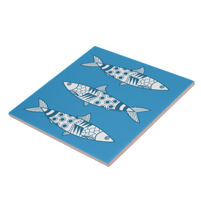Portuguese Lisbon Sardines Pattern Azulejos Blue Ceramic Tile (Side)