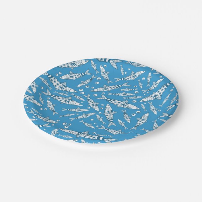 Portuguese Lisbon Sardines Pattern Azulejos Blue Paper Plate (Angled)