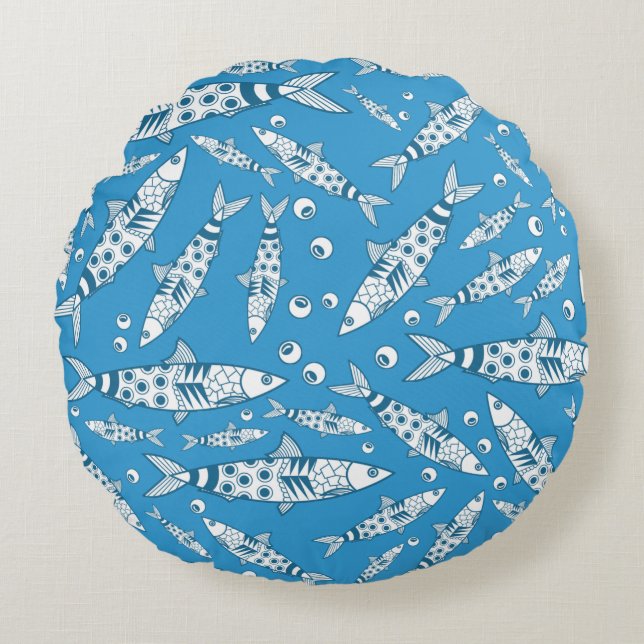 Portuguese Lisbon Sardines Pattern Azulejos Blue Round Cushion (Front)