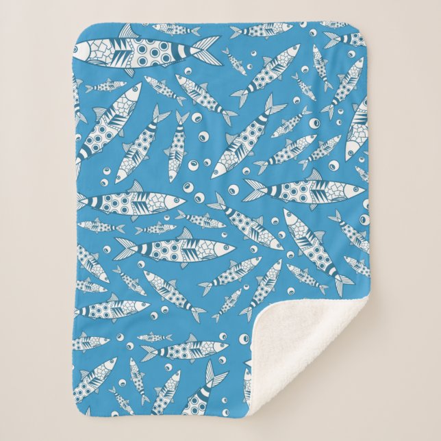 Portuguese Lisbon Sardines Pattern Azulejos Blue Sherpa Blanket (Front)