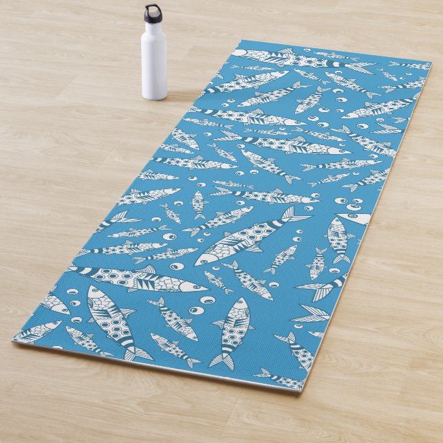 Portuguese Lisbon Sardines Pattern Azulejos Blue Yoga Mat (In Situ)