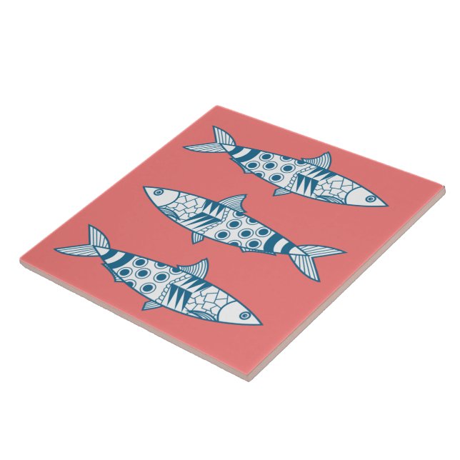 Portuguese Lisbon Sardines Pattern Azulejos Pink Ceramic Tile (Side)