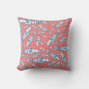 Portuguese Lisbon Sardines Pattern Azulejos Pink Cushion