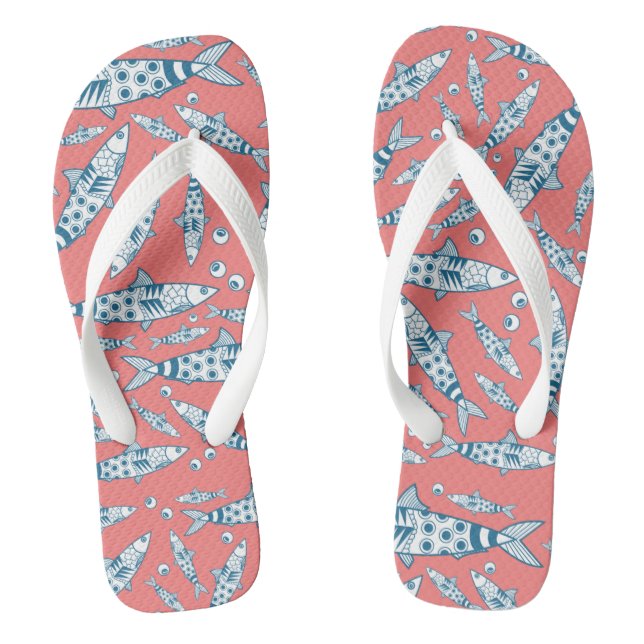 Portuguese Lisbon Sardines Pattern Azulejos Pink F Thongs (Footbed)
