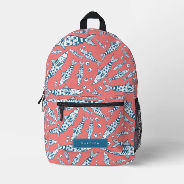 Portuguese Lisbon Sardines Pattern Azulejos Pink Printed Backpack (Front)