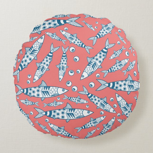 Portuguese Lisbon Sardines Pattern Azulejos Pink Round Cushion (Front)