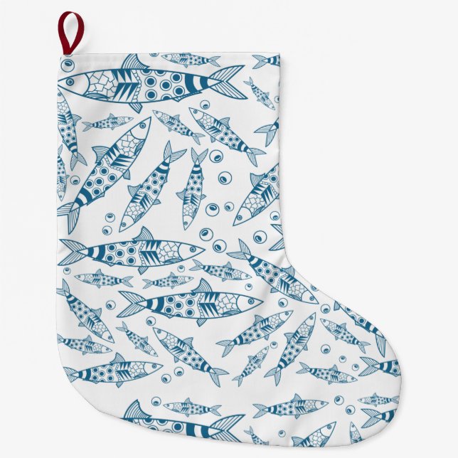 Portuguese Lisbon Sardines Pattern Azulejos White Large Christmas Stocking (Front)
