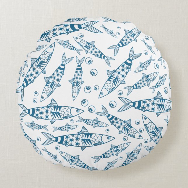 Portuguese Lisbon Sardines Pattern Azulejos White Round Cushion (Front)