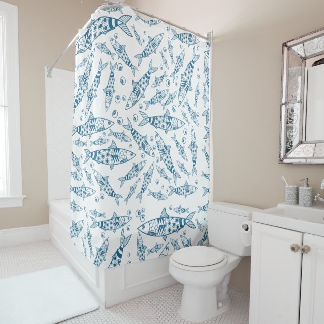 Portuguese Lisbon Sardines Pattern Azulejos White Shower Curtain (In Situ)
