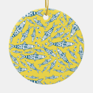 Portuguese Lisbon Sardines Pattern Azulejos Yellow Ceramic Ornament