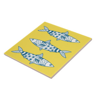 Portuguese Lisbon Sardines Pattern Azulejos Yellow Ceramic Tile