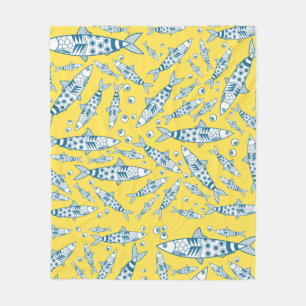 Portuguese Lisbon Sardines Pattern Azulejos Yellow Fleece Blanket
