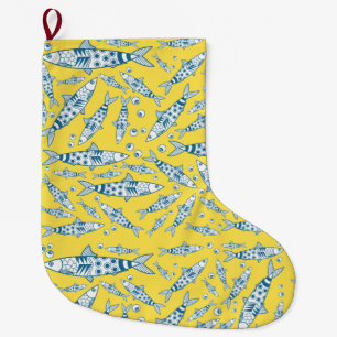 Portuguese Lisbon Sardines Pattern Azulejos Yellow Large Christmas Stocking